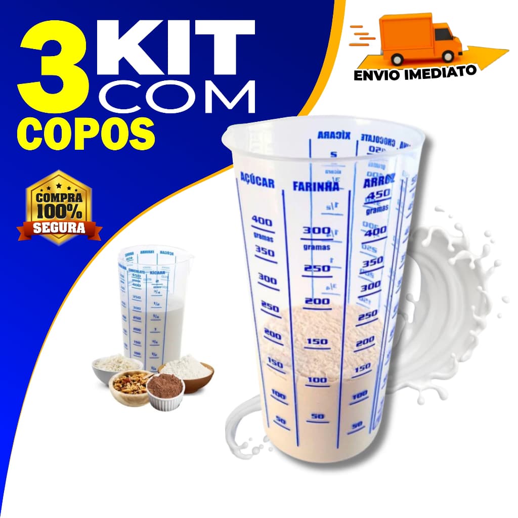 Kit 03 Copo Medidor Dosador Transparente Graduado 500 ml Para Receitas Culinária Cozinha