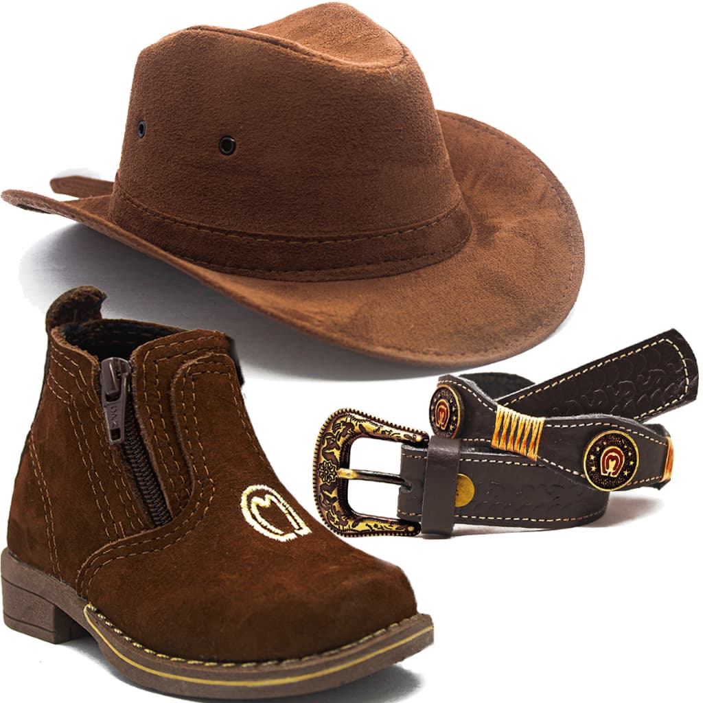 Kit Infantil Chapéu Camurça + Botina Mangalarga + Cinto C/ Aplique