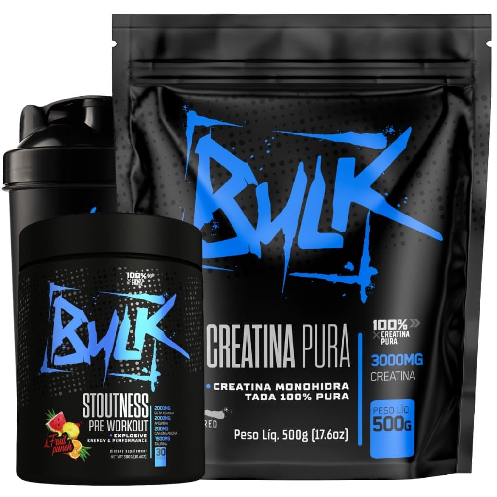 Kit Creatina Pura 100% Monohidratada 500g + Pré Treino Stoutness 300g + Shaker - Bulk Suplementos