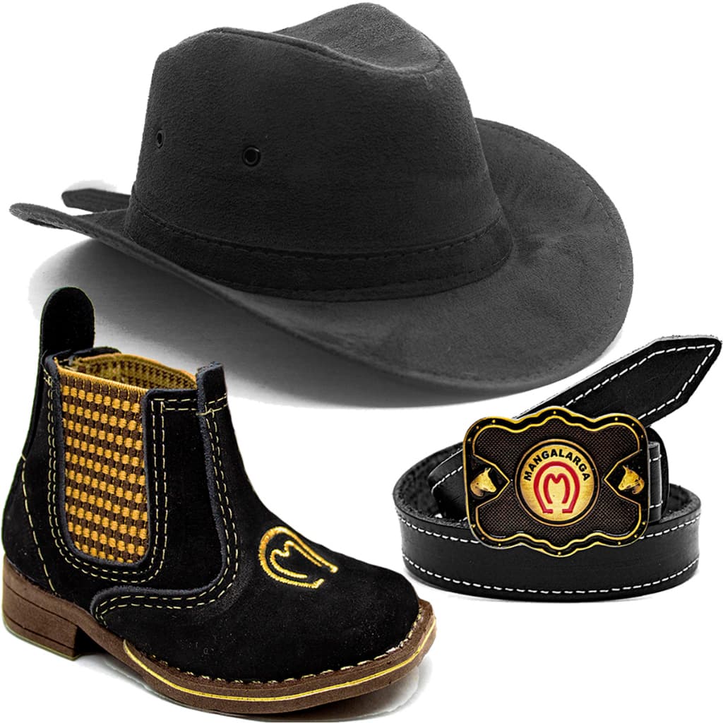 Kit Infantil Botina Preta + Cinto Couro Mangalarga + Chapéu Camurça