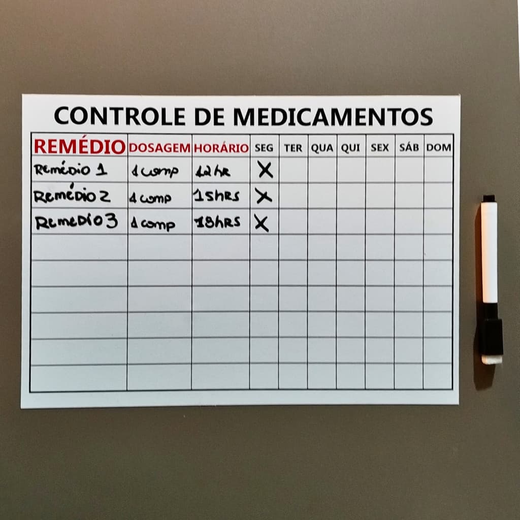 Planner Lousa de Geladeira Organização e Controle de Medicamentos com caneta ímã Lembretes 30x21cm