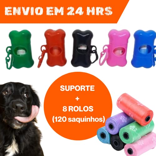 Kit Cata Caca Pet Saquinhos Higiênicos Suporte + 8 Rolos ( 120 Saquinhos)