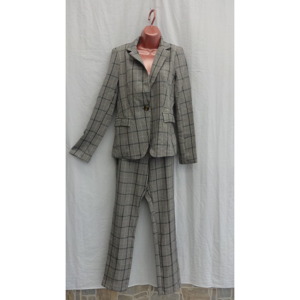 Conjunto Social Calça e Blazer Xadrez - Elias Dai Kim - Poliester - Tam. P - Cinza - Feminino