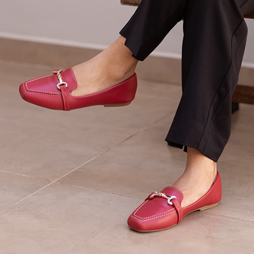 Sapato Mocassim Feminino Vermelho Bico Quadrado Social Maricotta Loafer Tendencia Elegante