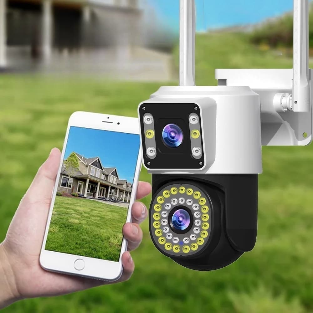 Câmera IP66 Fixa 2 em 1 ICSEE - Lente Dupla, Wi-Fi 360°, Visão Noturna e Sensor de Movimento para Segurança G1