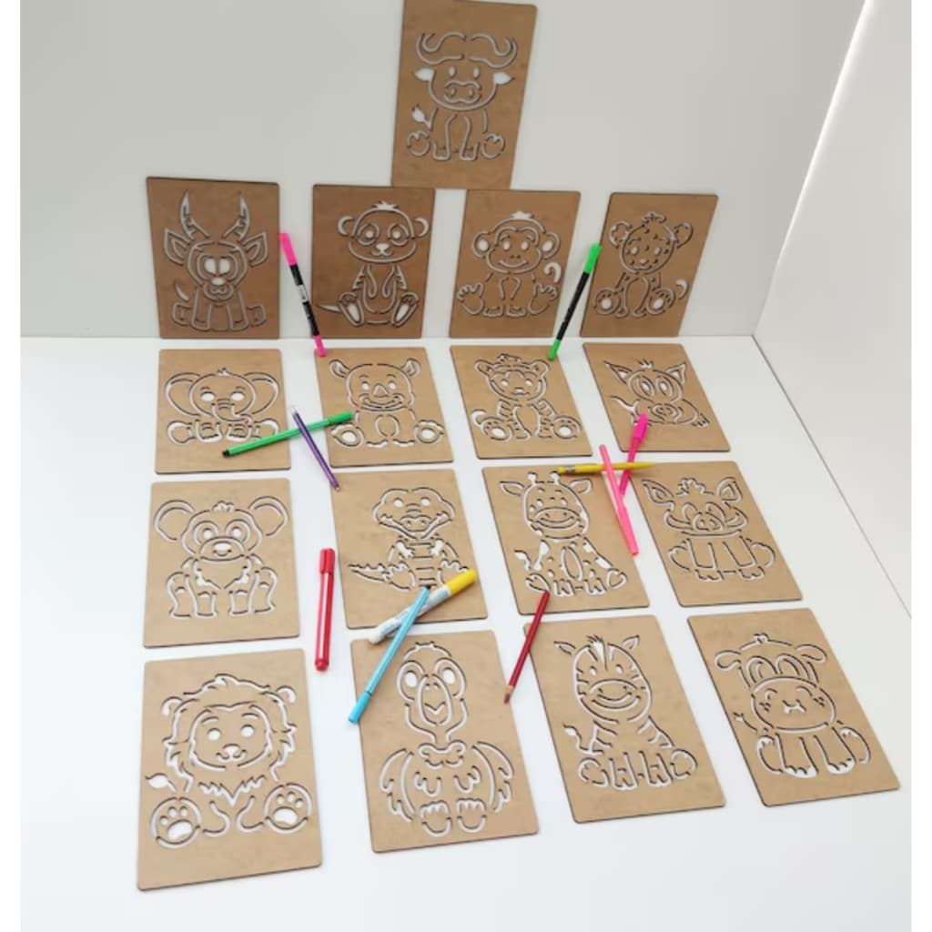 Kit 17 Moldes Placas Estêncil em MDF 3mm Safari Animais com Caixa