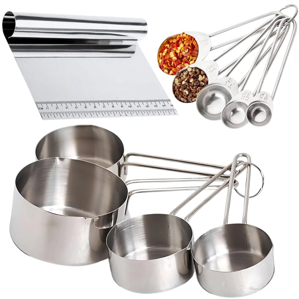 Kit de Medidores 9 Peças Profissionais Inox Cozinha e Restaurante + Espátula – 5 Colheres + 4 Copos Medidores + Espátula