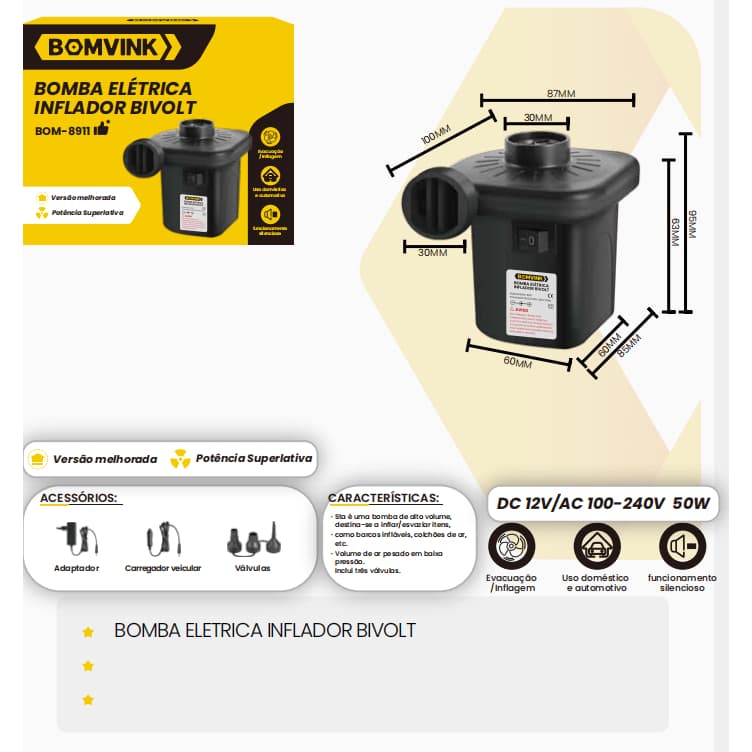 Bombas de Inflar e Esvaziar Elétrica 2 modelos 8901(bivolt) 66101A (220v)