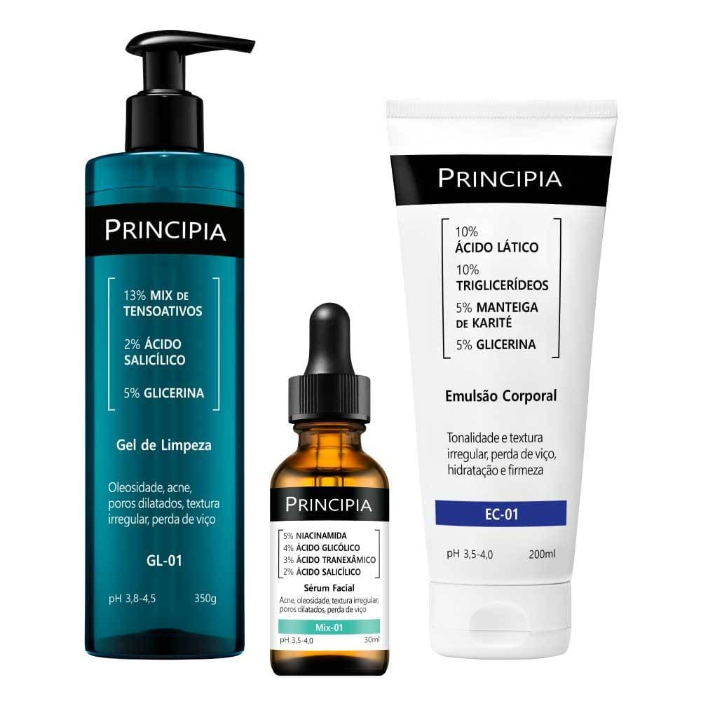 Principia Kit Anti Acne Queratose Pilar Trio Gel de Limpeza GL-01 + Sérum Mix-01 + Emulsão Corporal EC-01