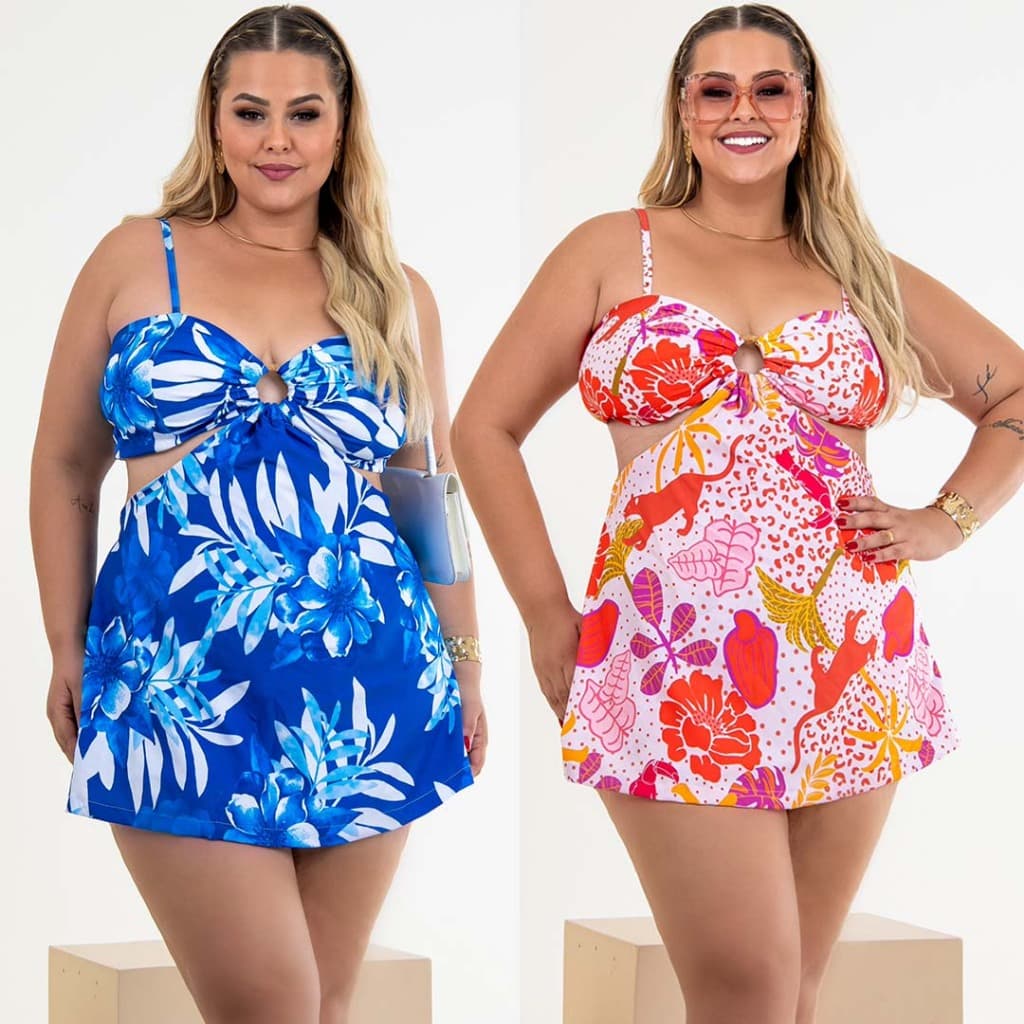 Macaquinho Short Saia Feminino Plus Size Modelo de amarrar atrás. Sem bojo. Lançamento Estampa  Tendência