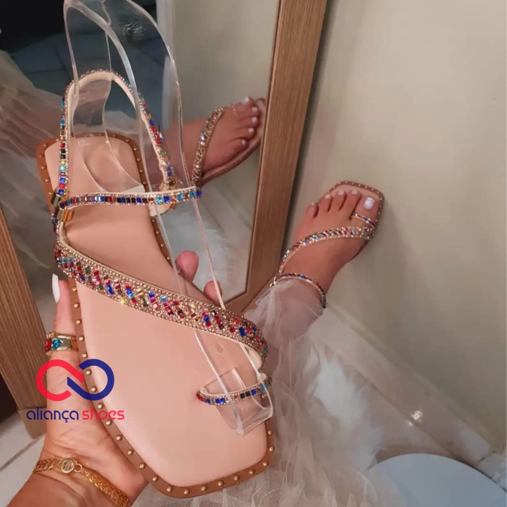 Sandália Feminina Rasteirinha Modelo 025 Stras Quadrado Super Lançamento