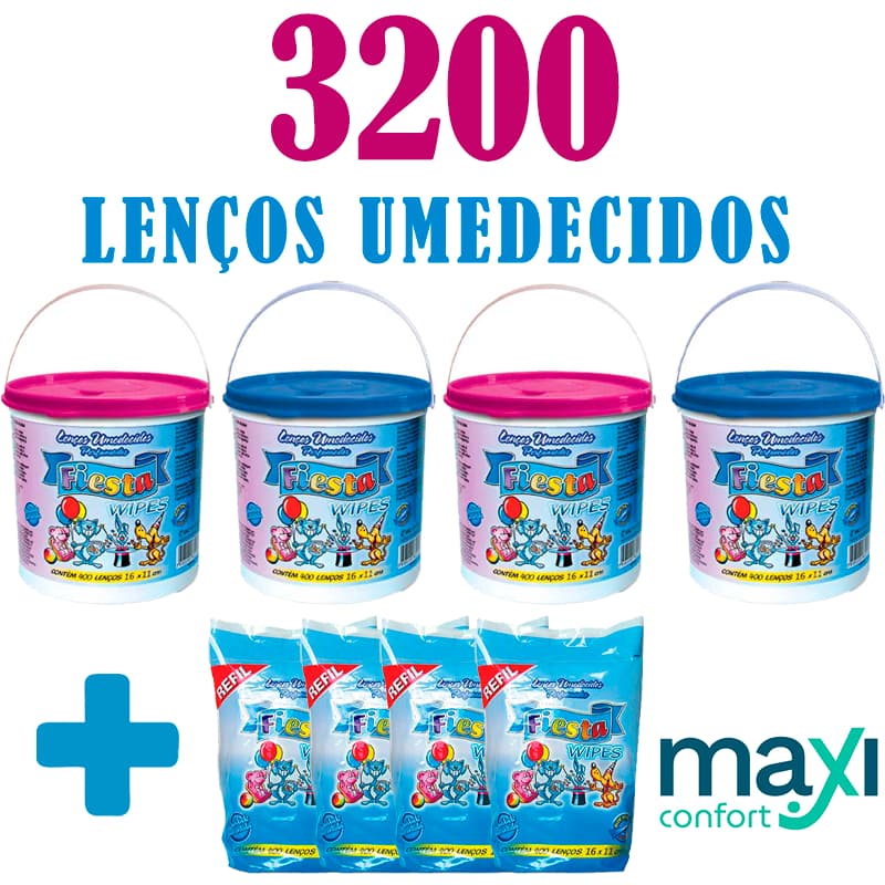 Kit 4 Baldes Lenços Umedecidos Fiesta + 4 Refil (3200 Lenços)