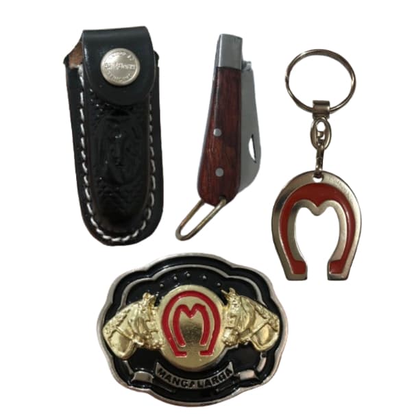Kit capa bainha de canivete + canivete + fivela county mangalarga + chaveiro mangalarga infantil criança