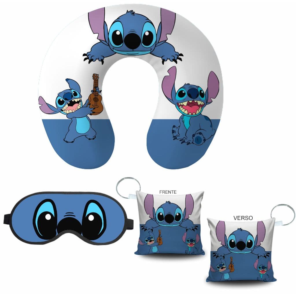 Almofada de Pescoço Tapa Olho e Chaveiro Stitch e Angel Presente Lembrancinha