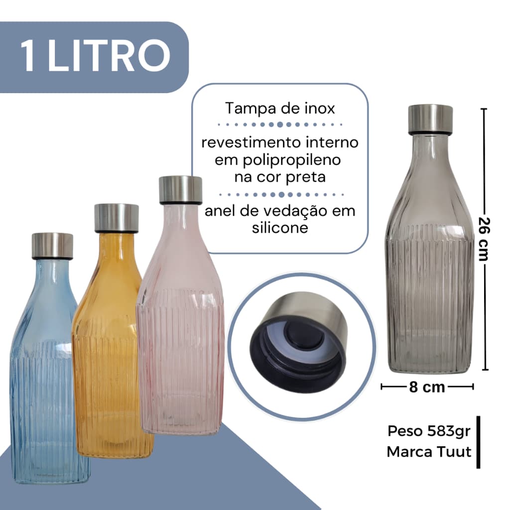 Garrafa De Vidro Scotch 1 Litro Quadrada Canelada Tampa Inox Água Suco Para Geladeira