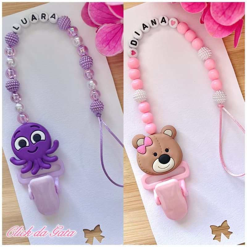 Prendedor de Chupeta Personalizado Bolofofos e Ursinha Rosa