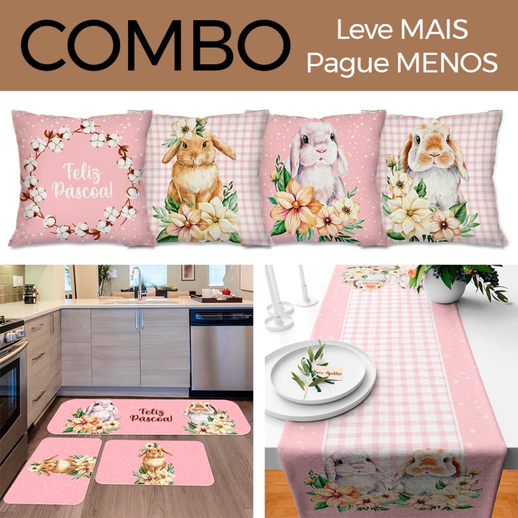 COMBO PÁSCOA: Kit com 4 Capas para Almofadas + Kit com 3 Tapetes para Cozinha + Trilho de Mesa 04