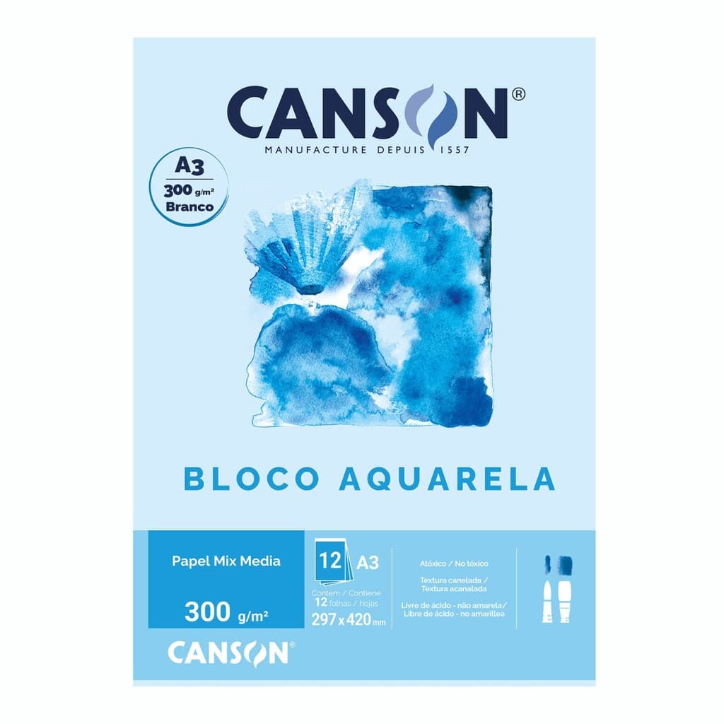 Bloco Aquarela Canson A3 300g 12 Folhas Textura Fina Artístico Profissional Papel Livre de Ácido