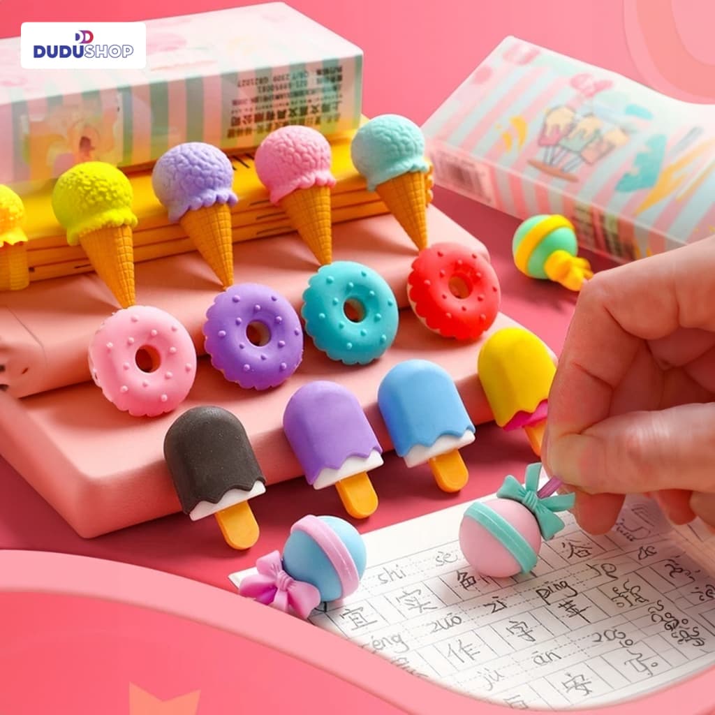  Borrachas Fofas Mini Fofo Pirulito Sorvete Picolé Papelaria Divertida Kwaii Decoração Estojo