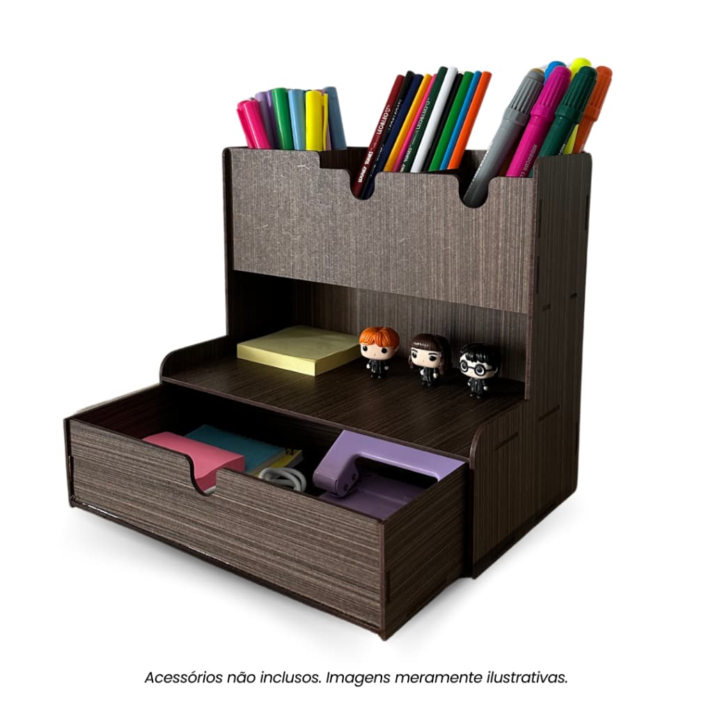 Porta Lápis, Caneta e Treco Organizador de Mesa MDF Preto, Tabaco e Nogueira – Ideal para Escritório