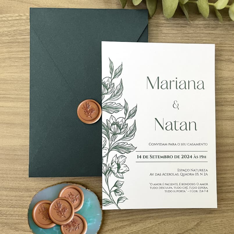 Convite Casamento + Envelope Vertical com Lacre de Cera - Varias Cores