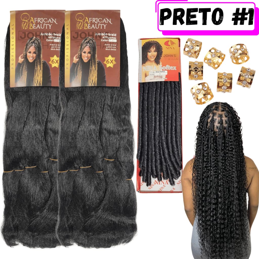 Kit Gypsy 2 Cabelos Jumbo Jumbão African Beauty Box Braids 400 Gramas + 1 Cabelo Cachos Nina Softex 70 Gramas + Anéis