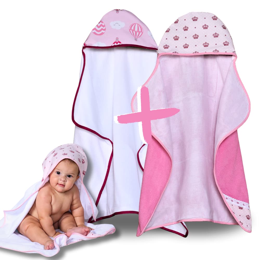 Toalha de Banho Bebê 2 Unidades Forrada com Fralda 100% Algodão Capuz Menino e Menina