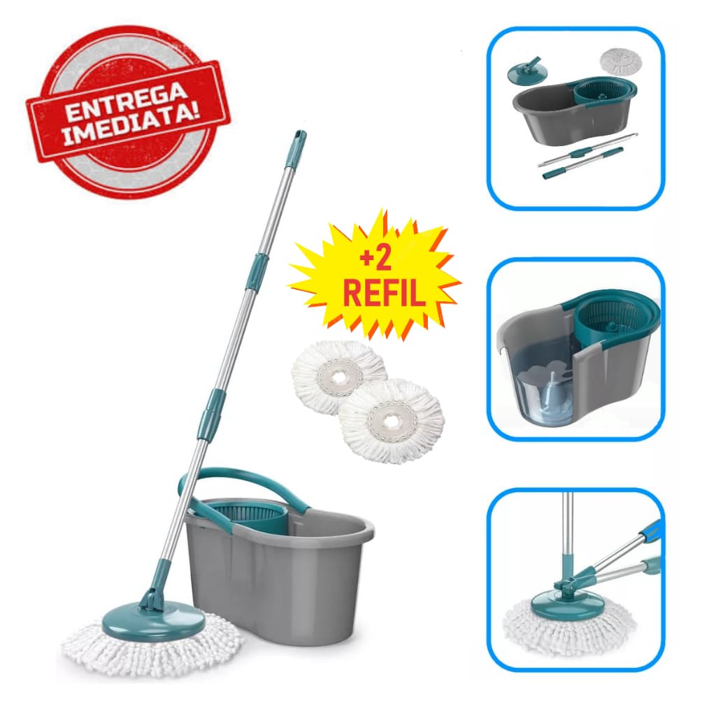 Mop Esfregão Giratório Fit Forte Centrifuga Lava e Seca 3 em 1 Com Balde Resistente  +  2 Refil