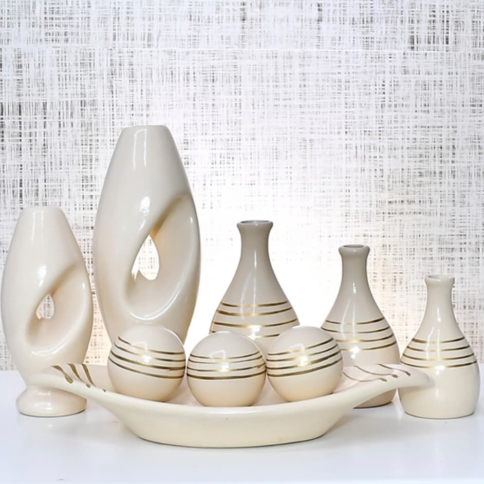 Kit 9 Jarros Decorados Trio Vaso Ceramica Enfeite Centro Mesa Sala enfeite Casa rack Aparador Nicho