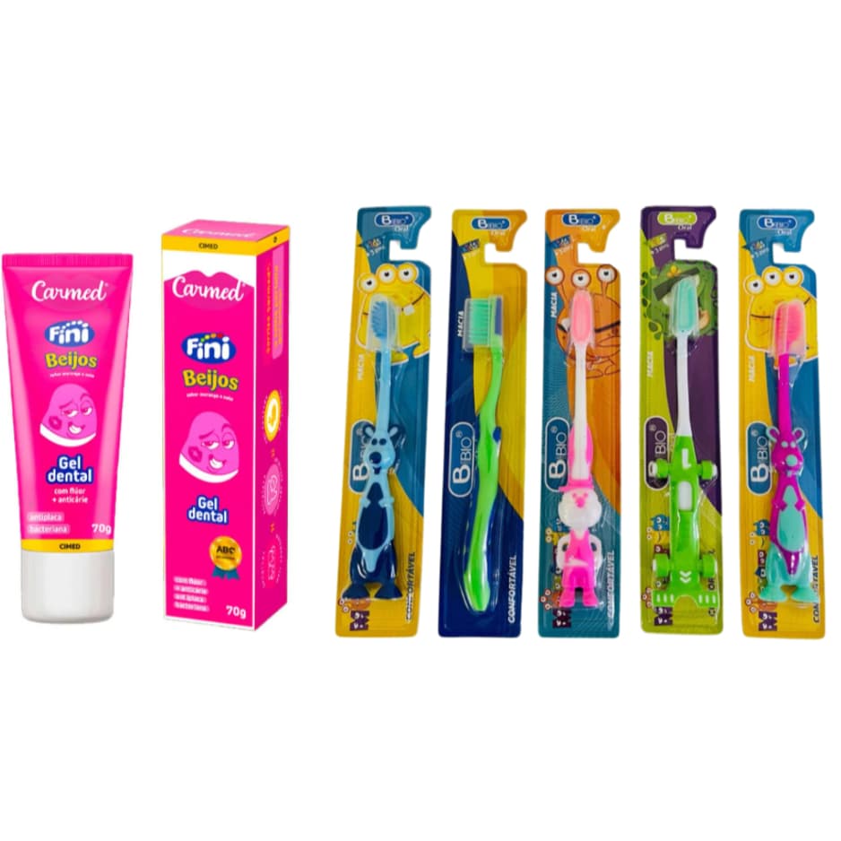 Kit 6 Escovas Infantis + Pasta de Dente Fini Creme Dental Gel 70g com Flúor Carmed