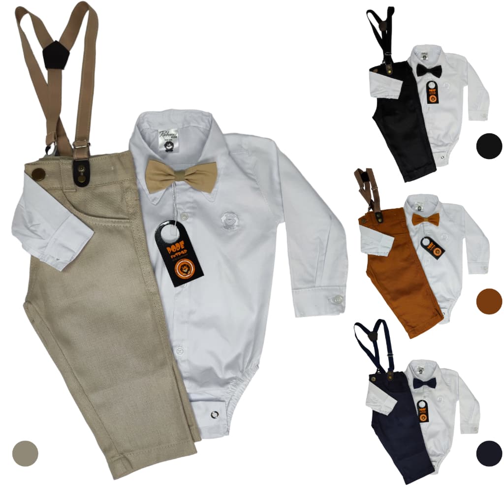 Conjunto body social manga longa calça e suspensório gravata - para batizado festa casamento pajem