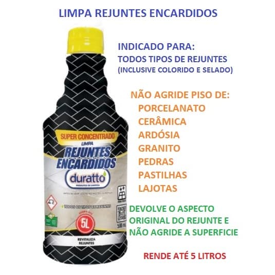 Limpa Rejuntes Encardidos Duratto 500ml MELHOR PREÇO Limpador Concentrado Rende até 5 Litros