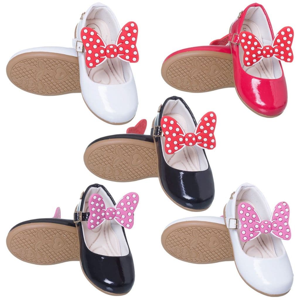 Sapatilha Sandália Feminina Infantil Verniz Com Laço de Bolinhas Minnie Removível