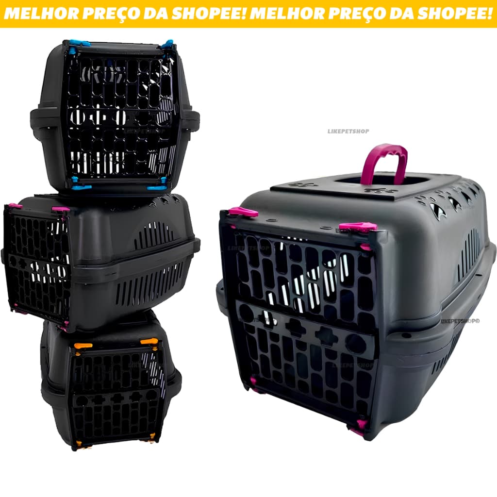 Caixa de Transporte Black Durapets Cães Gatos Resistente Segura Viagens  Porta Trava de Segurança