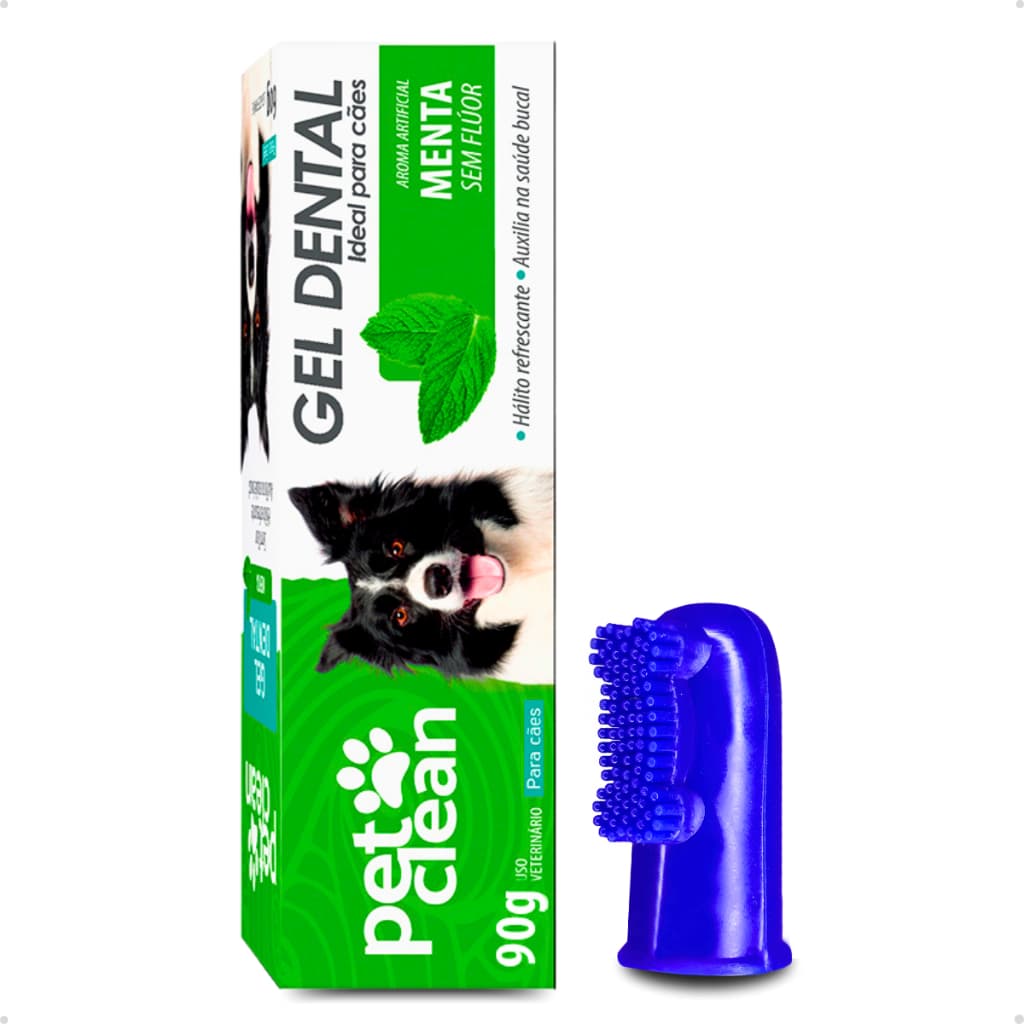 Kit Gel Dental Pasta de Dente Pet Clean Cachorro e Gato + Escova Dental Dedeira Cores Sortidas