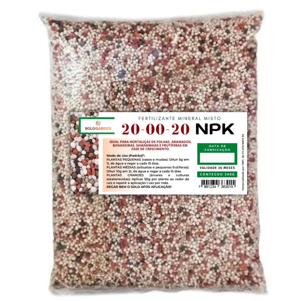 Adubo Fertilizante NPK 20-00-20 Plantas Flores Frutas Horta Gramados 500g