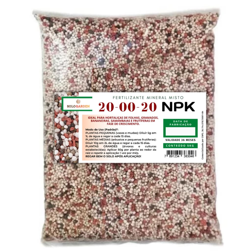 Adubo Fertilizante NPK 20-00-20 Plantas Flores Frutas Horta Gramados 5Kg