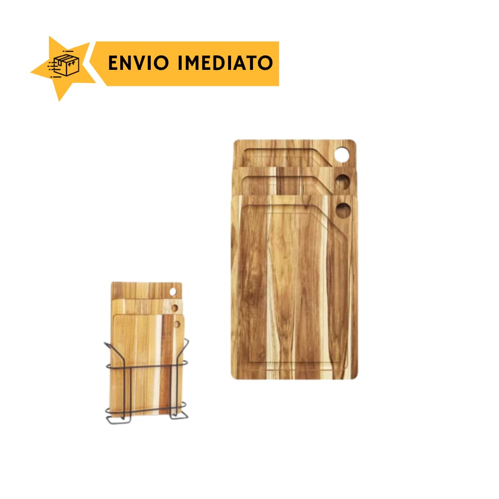 Kit 3 Tábuas Legumes Verduras Carne Madeira Teca C/ Suporte - STOLF