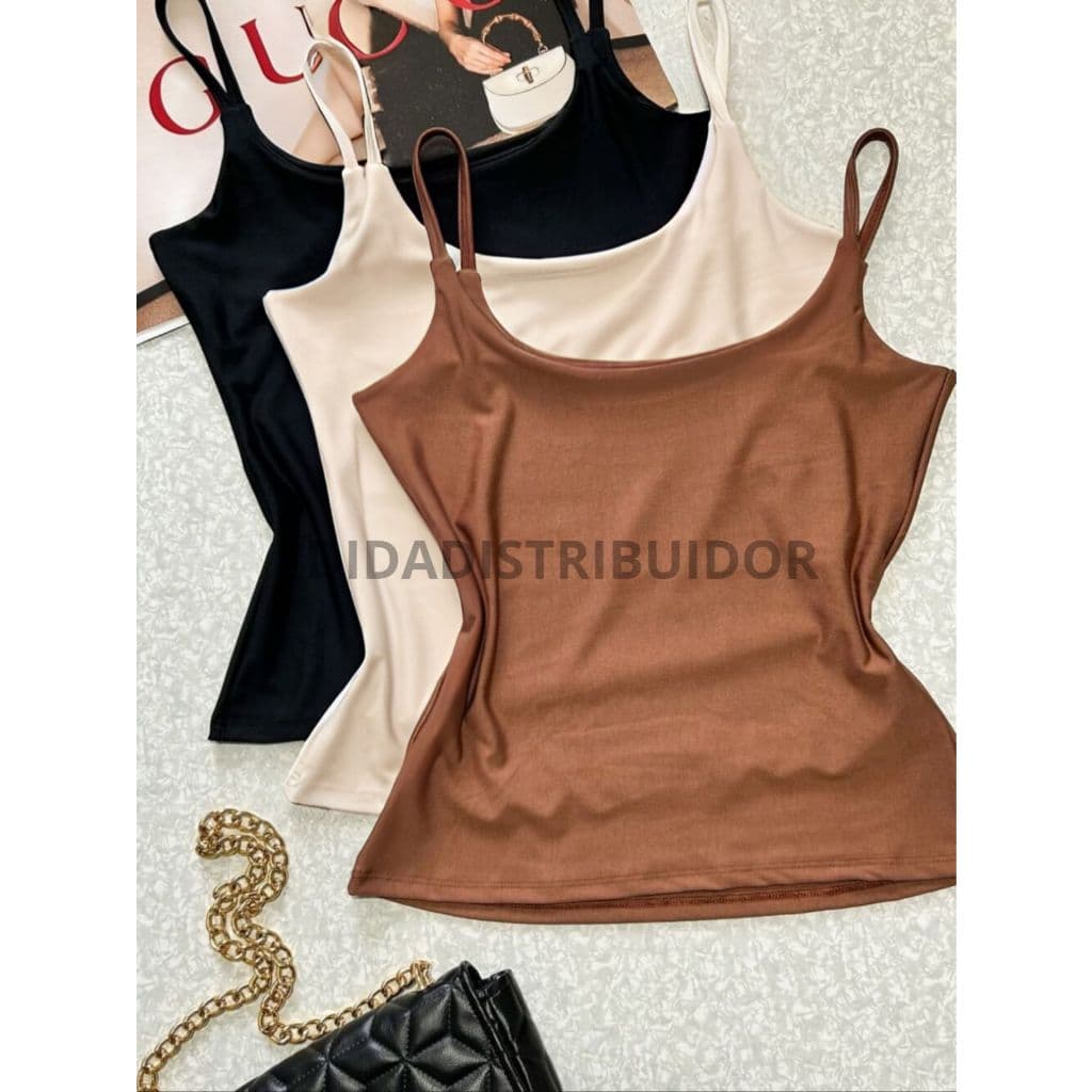 kit 3 blusas feminina regata alcinha fina suplex com forro