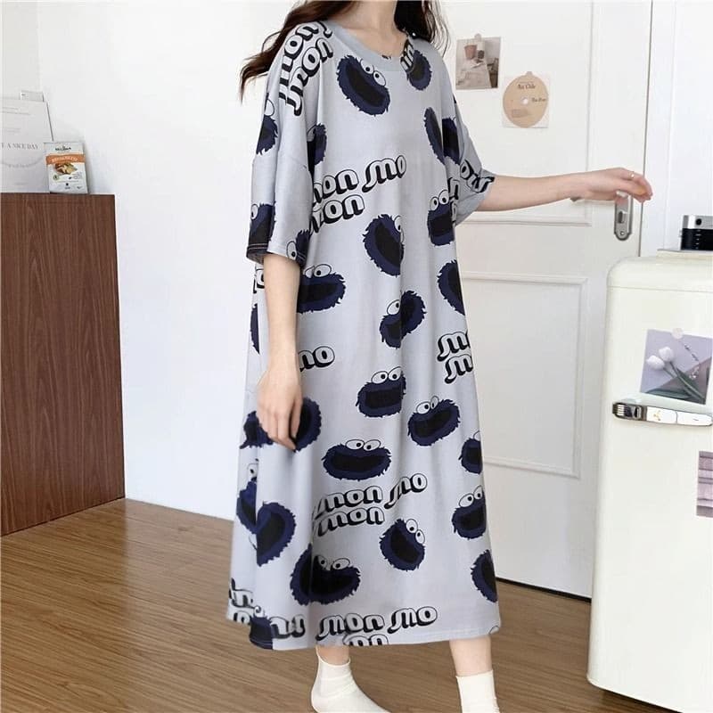 【Dress Oversize】Women Cartoon Print Short Sleeve Pyjamas Plus Size Thin Dress Loose Sleep Wear
