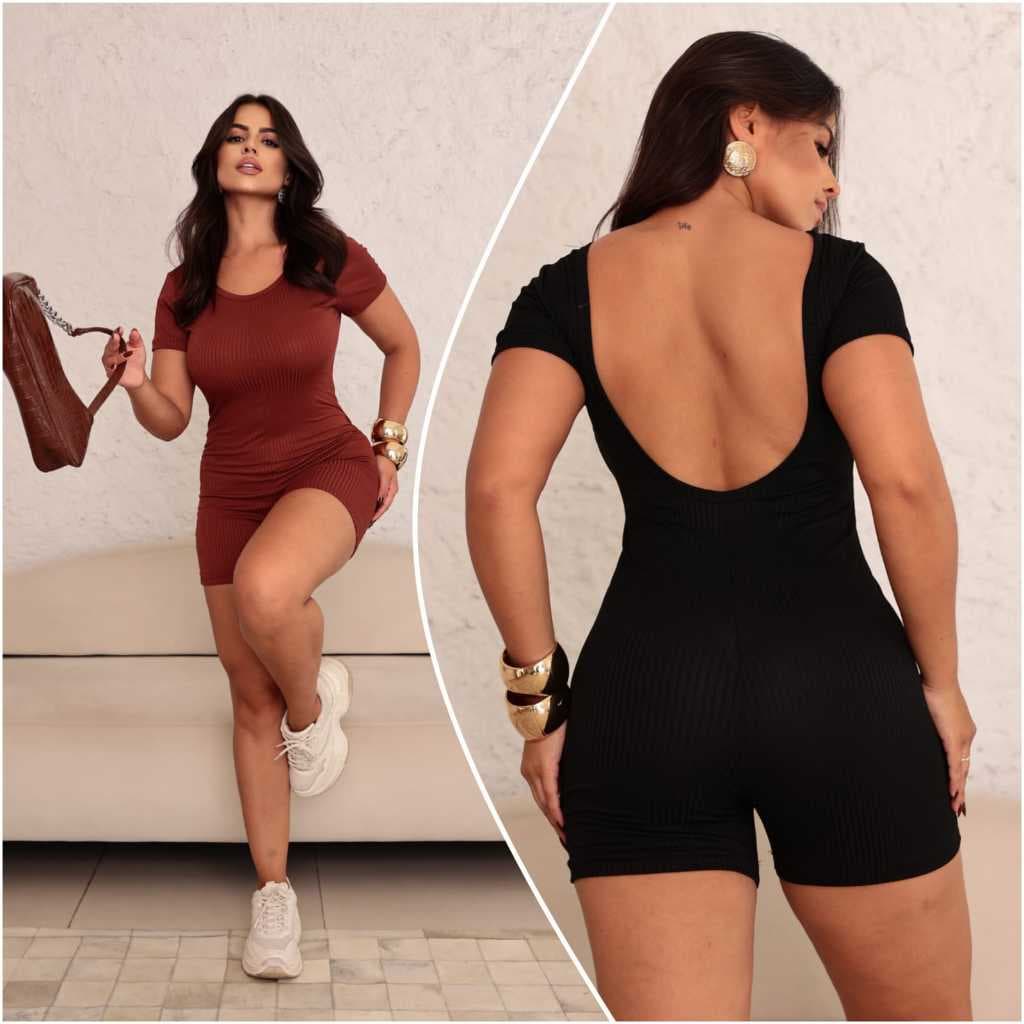 Macaquinho Macacão Canelado Manguinha Costas Abertas Feminino Roupa Casual Academia Fitness Treino