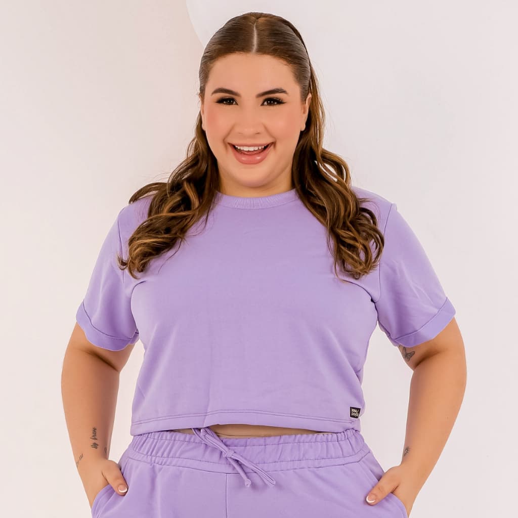 Cropped Feminino Plus Size Blusa em Moletinho Verão Manga Curta Dona Onda