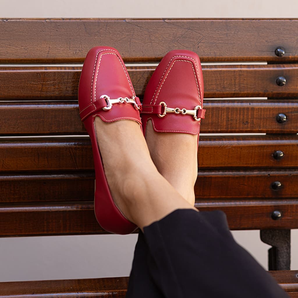 Sapato Mocassim Feminino Vermelho  Bico Quadrado Sola Macia Social  Loafer Tendencia Elegante