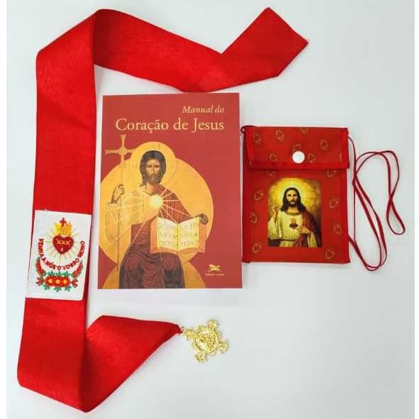 Combo Fita Apostolado da Oração Feminina Chamalote Vermelha + Manual + Bolsinha Porta Fita