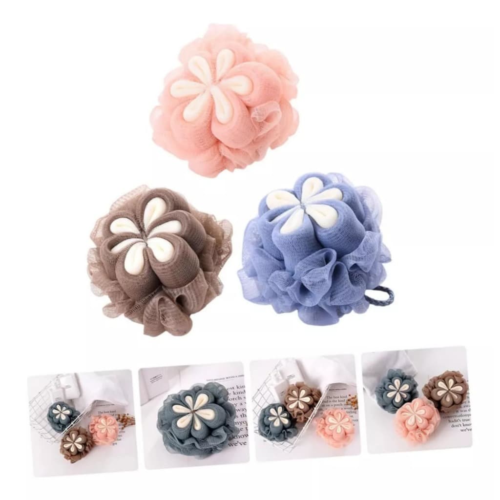 Kit 3 Esponja Bucha De Banho Flor Cinza Claro Macia Nylon