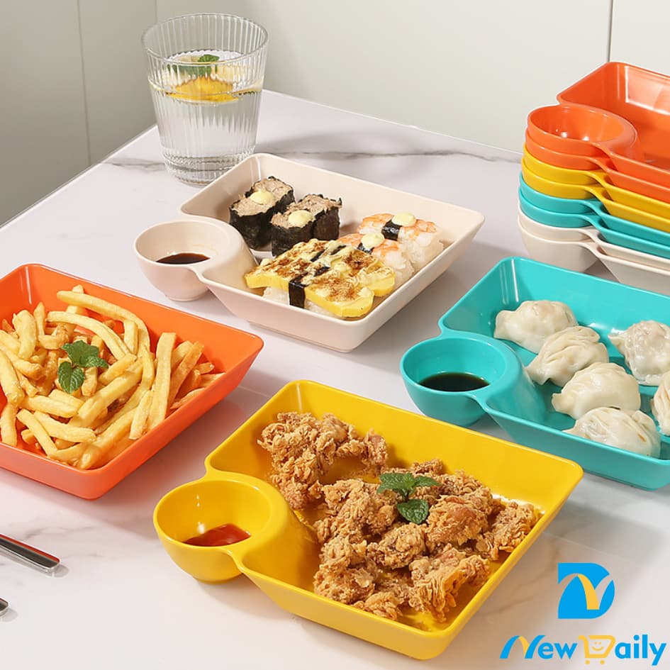 KIT com 4 Pratos de Petiscos com Molheira Integrada - Cores Vibrantes e Design Prático, Ideais para Festas! CZ-04-BC