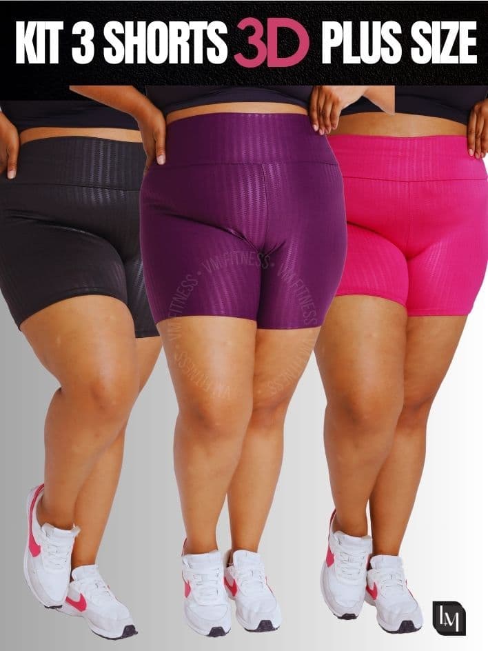 Kit C/3 Shorts Feminino Suplex 3D Plus Size Cintura Alta Academia Fitness