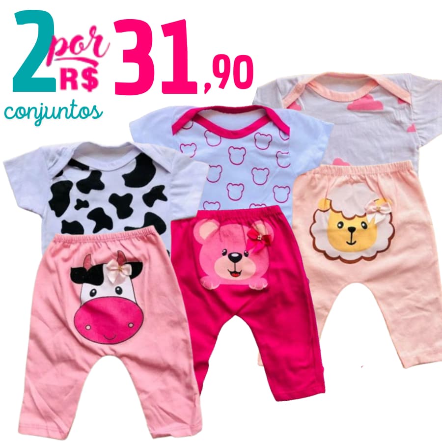 Kit 2 Conjuntos de Bebê Menina Romper Fazendinha Ovelha Animal Print Verão Bebê 0 a 4 Meses