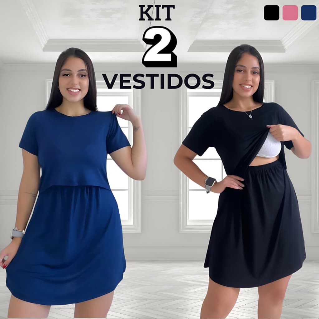 Kit 2 Vestido Amamentação Gestante Pós Parto Maternidade Casual Confortável Amamentar