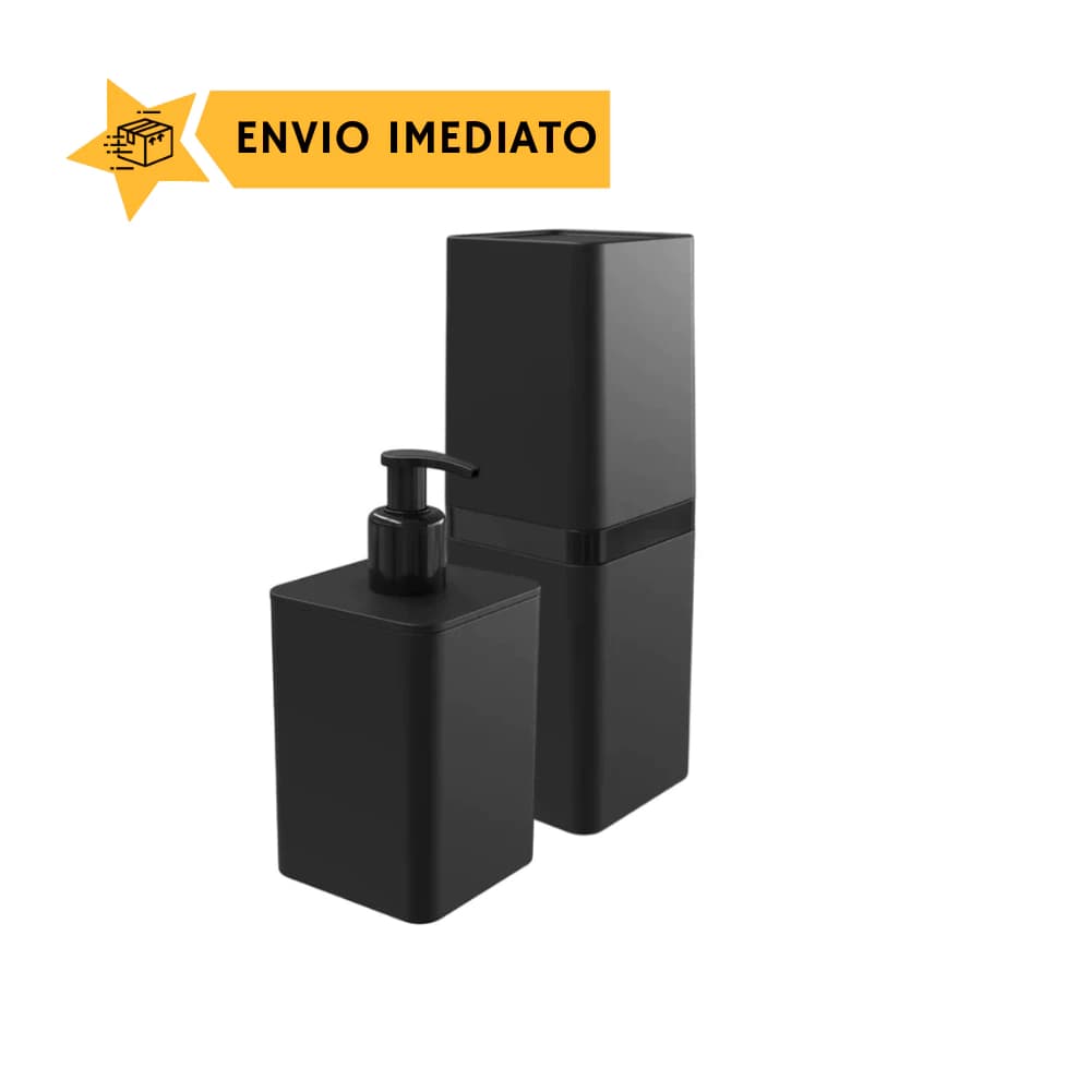 Kit Dispenser Sabonete e Porta Escova Dente Com Tampa Preto